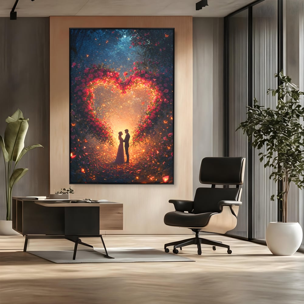 Tablou canvas cu ilustratie digitala cu cuplu si arc de trandafiri, in rama de aluminiu negru, pe perete intr-un birou